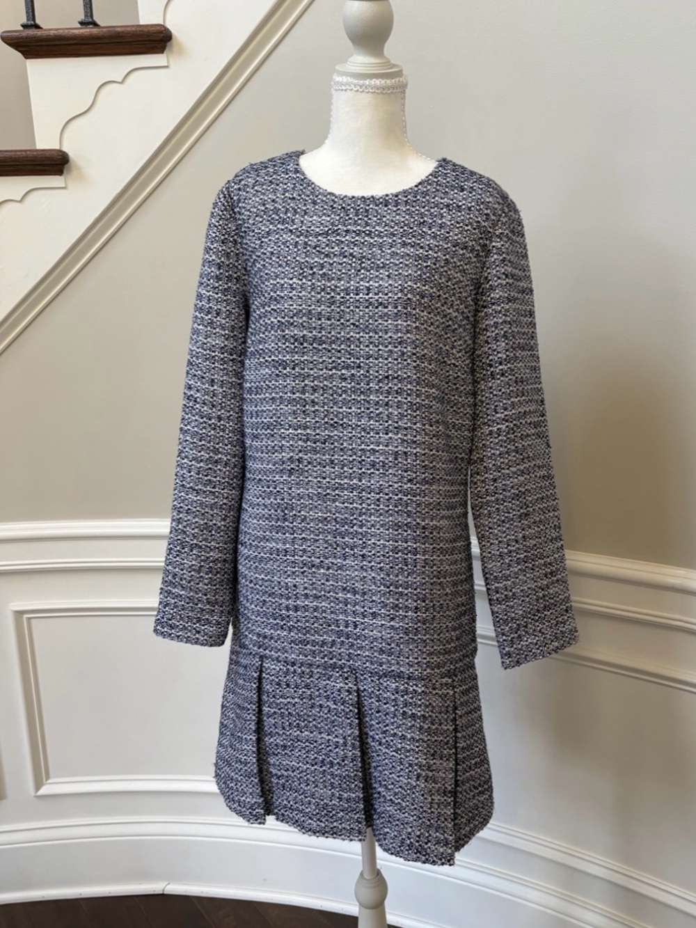 Sail to Sabel NEW navy blue and cream tweed drop waisted pleated skirt dress L